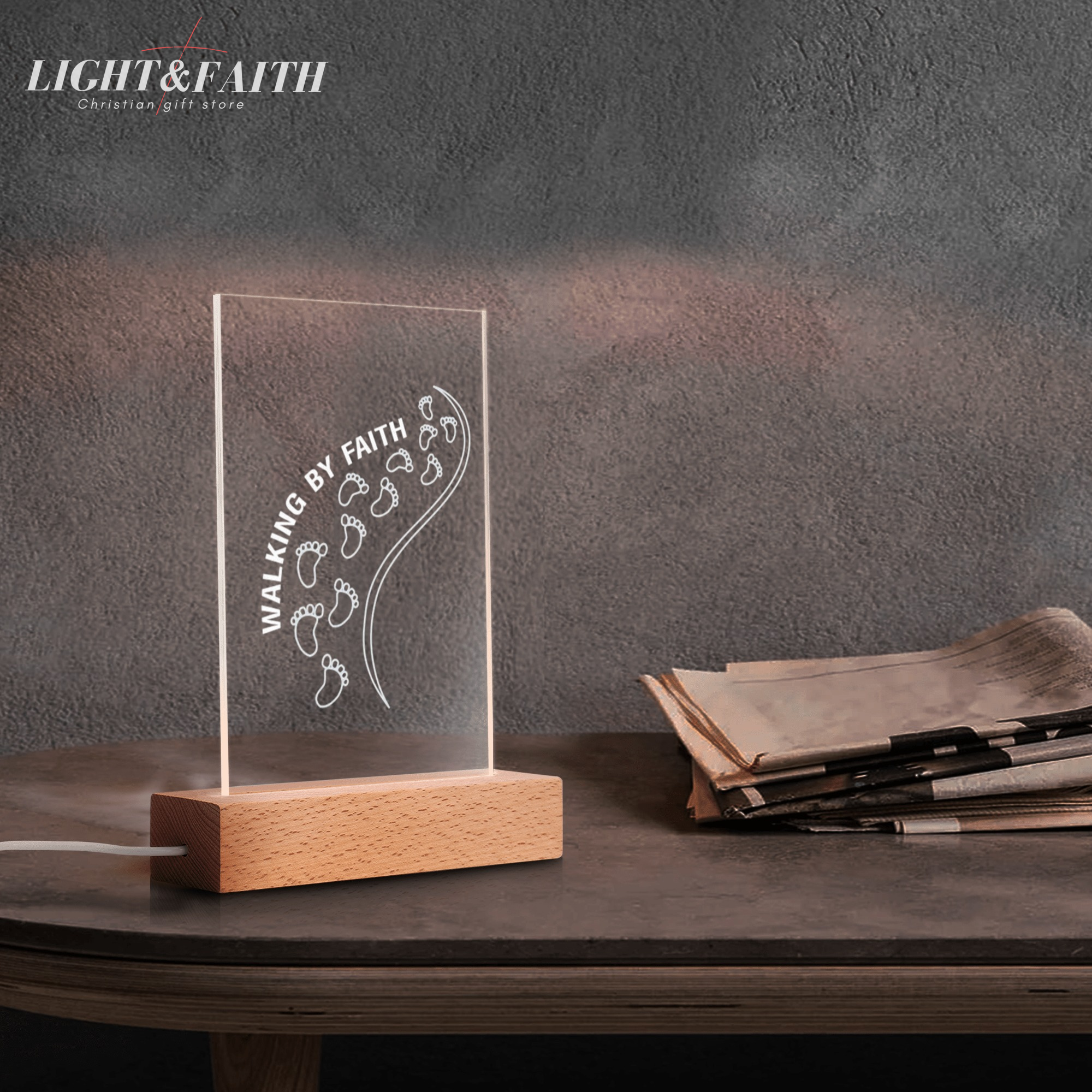 Walling By Faith LED Light, Christian Bible Verse Lamp, Inspirational Acrylic Night Light, Religious Home Decor, Faith Gift for Believers. NLLAF36